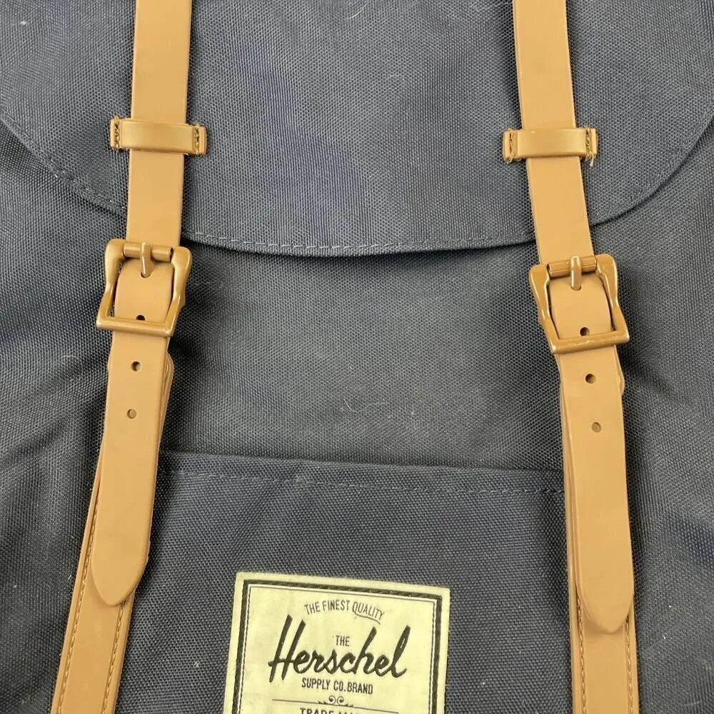Herschel Retreat Backpack Top Load Navy Brown Canvas Padded Fleece Laptop Sleeve